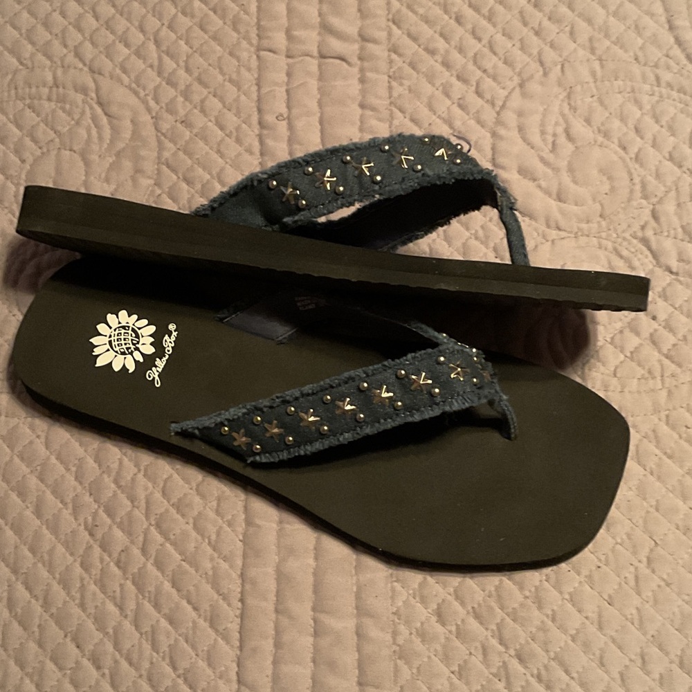 Yellow Box Denim Sandals with Floral Accents - Picture 2 of 4